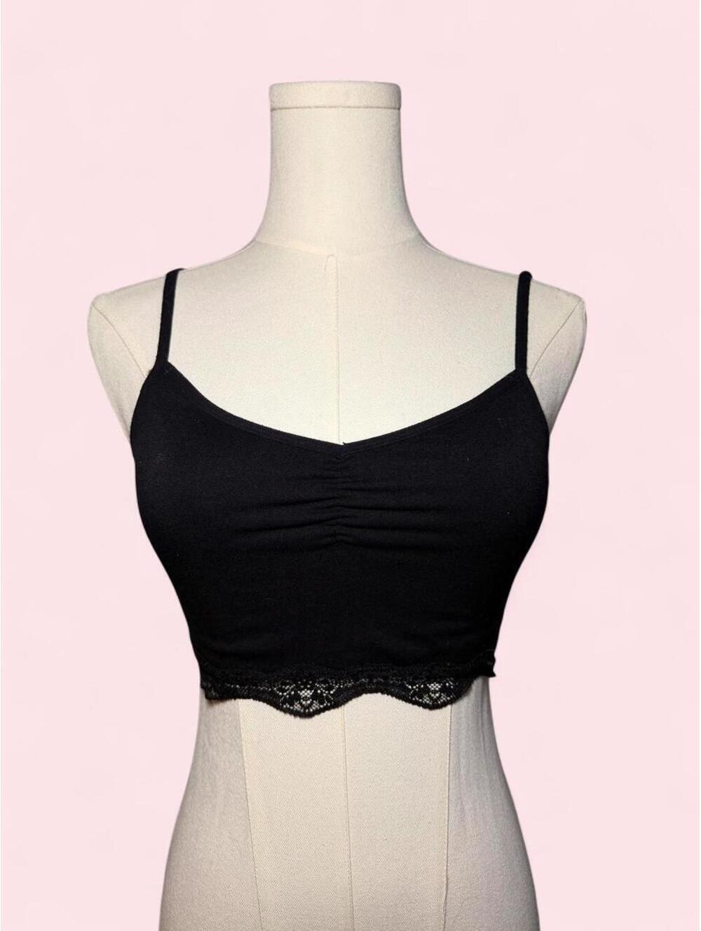 Black Ruched Lace Trim Bralette Crop Top 🖤